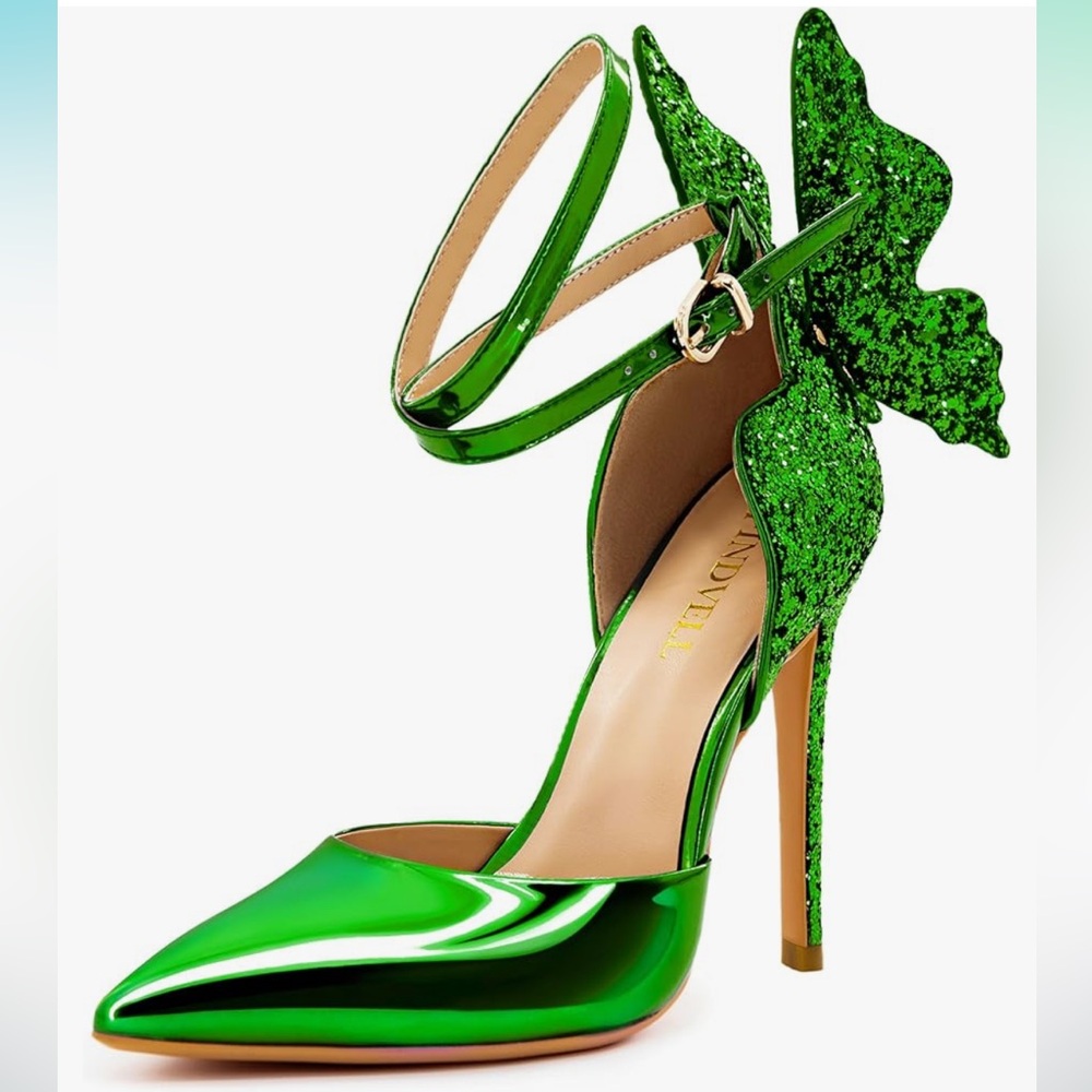 Elegant Green High Heels with Pointed Toe and Decorative Leaf Design - Picture 6 of 8